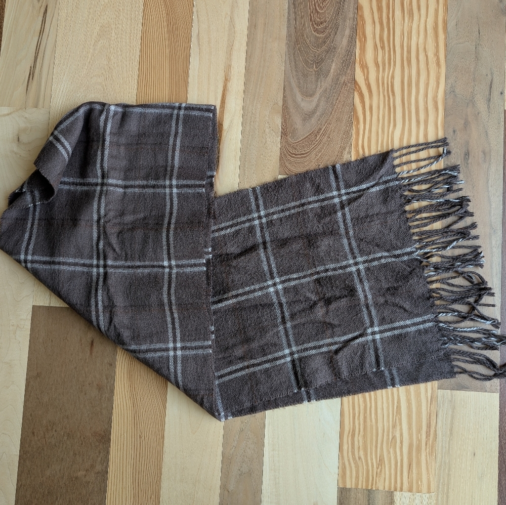 Soft Brown Plaid Scarf with Fringe